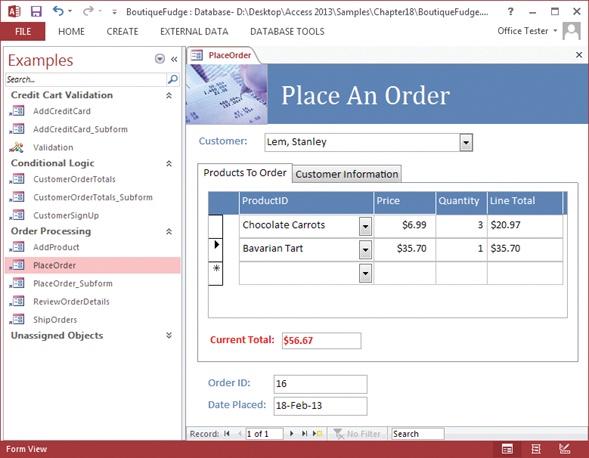 This sales database includes handy forms that sales people can use to place new orders (shown here), customer service representatives can use to sign up new customers, and warehouse staff can use to review outgoing shipments. Best of all, the people who are using the forms in the database don’t need to know anything about Access. As long as a database pro (like your future self, once you’ve finished this book) has designed these forms, anyone can use them to enter, edit, and review data.