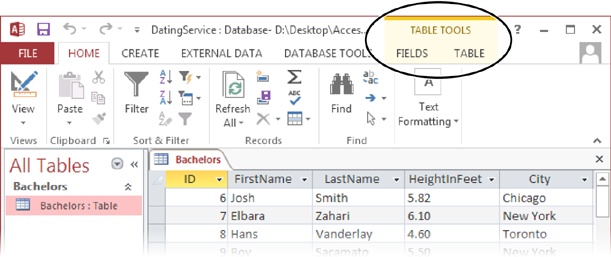 When you’re working on a table, two new contextual tabs appear, named Fields and Table, under the heading Table Tools. Contextual tabs always appear on the ribbon’s right side and have the word “Tools” in their names.