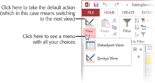 Access lets you switch between several different views of your database. Click the bottom part of the View button to see the full list of choices, or click the top part to switch to the next view in the list, with no questions asked.