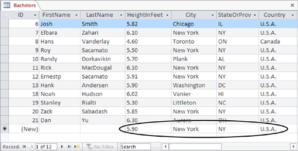 This dating service uses four default values: a default height (5.9), a default city (New York), a default state (also New York), and a default country (U.S.A.). This system makes sense, because most of their new entries have this information. On the other hand, there’s no point in supplying a default value for the name fields.