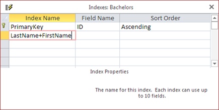 The Indexes window shows all the indexes that are defined for a table. Here, there’s a single index for the ID field (which Access created automatically) and a compound index that’s in the process of being created.