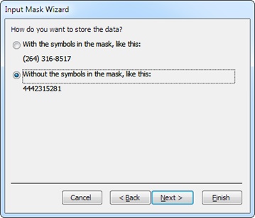 The final step lets you choose how the data in your field is stored—with or without the mask symbols.