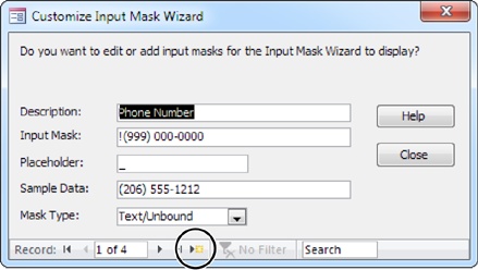To add your own mask, use the “New blank” button (circled). Or you can use this window to change a mask. For example, the prebuilt telephone mask doesn’t require an area code. If that’s a liberty you’re not willing to take, then replace it with the more restrictive version (000) 000-0000.