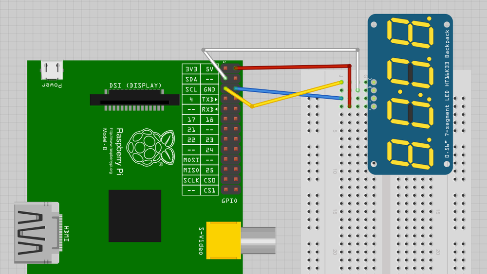 The breadboard layout for an LED display with Raspberry Pi
