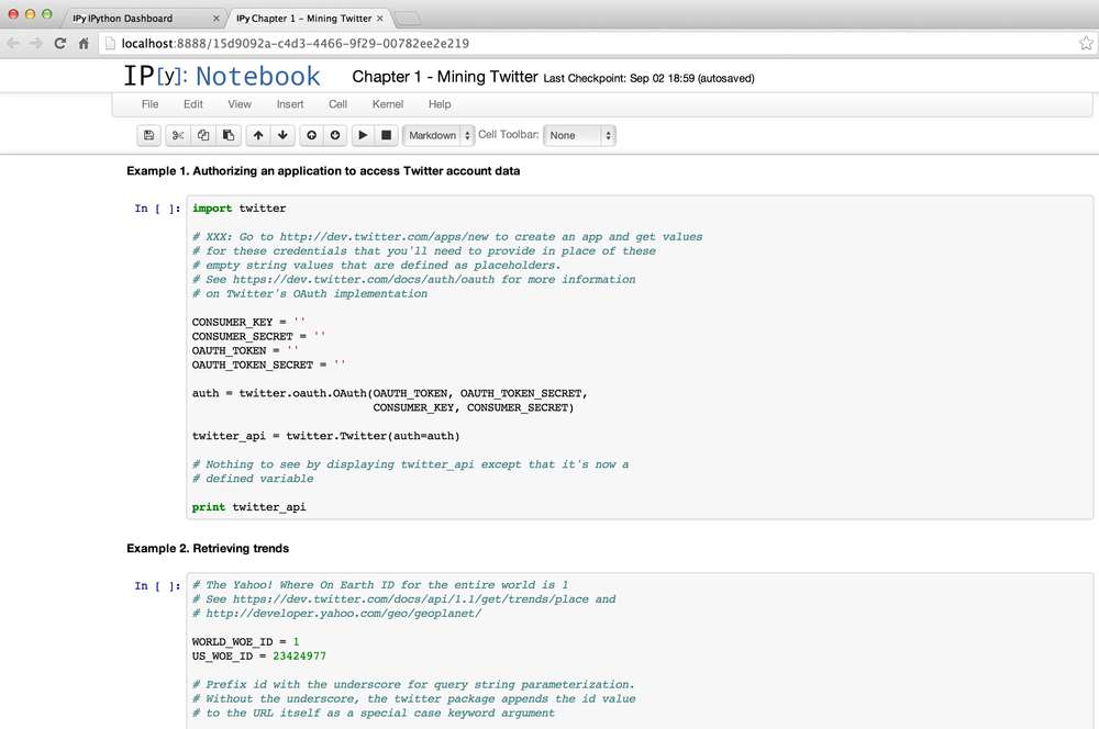 Overview of IPython Notebook; the “Chapter 1-Mining Twitter” notebook