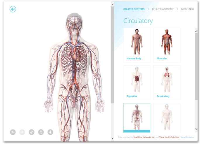 The 3-D Human Body lets you dive into a male or female adult. The large tiles at right let you choose which bodily system you want to examine; the small icons at lower left let you retrace your steps, turn the model around, shrink it back down, or change the gender. Hours of fun for the whole family.