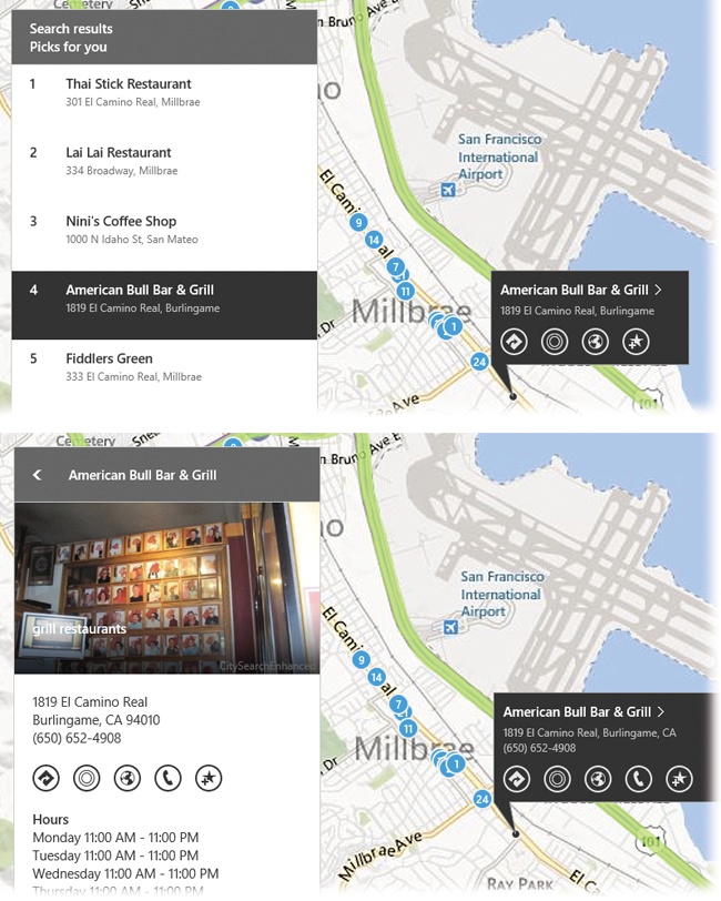 Top: When you search for something, Maps shows you all the results as blue numbered dots, and as corresponding listings at left.Tap a dot to pop up its info tab, complete with buttons like Directions, Nearby, Web site, Call, and Add to Favorites.Bottom: When you tap the > button on a search result, Maps turns into a full-blown Yellow Pages. It shows you the name, address, phone number, ratings, and other information about the business you’ve selected.