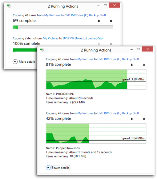 Windows 8.1 is a veritable chatterbox when it comes to copying or moving files.Top: For each item you’re copying, you see a graph and a percentage-complete readout. There’s a Pause button and a Cancel button (the X). And there’s a More Details button.Bottom: The “more details” turns out to be an elaborate graph that shows you how the speed has proceeded during the copy job. The horizontal line indicates the average speed, in megabytes per second.Any questions?