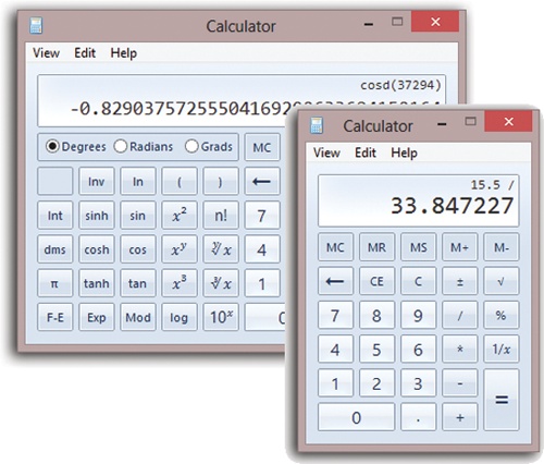 After ducking into a phone booth, the humble Basic calculator (right) can emerge as a Statistical calculator, a Programmer (hex) calculator, or a Scientific calculator (back). The key to all of this is the View menu, which also offers real-world calculations like the Date calculator and the Fuel Economy calculator.