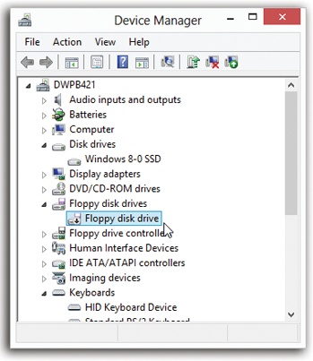 The Device Manager lists types of equipment; to see the actual model(s) in each category, you must expand each sublist by clicking the flippy triangle.A device that’s having problems is easy to spot, thanks to the black down-arrows and yellow exclamation points.You can see a disabled driver ( logo) on the “Floppy disk drive” entry in this illustration.