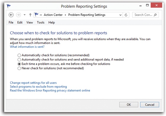 Here’s where you approve or deny the automatic crash reporting feature of Windows. Or use the third option, which means “Send it, but ask me first.” (The second option means “If some crash log or other file—which doesn’t contain identifying information—is required, then go ahead and upload that without asking me.”)