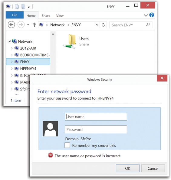 Top: The computers on your network are arrayed before you! Double-click the one you want to visit.Bottom: Supply your account name and password as it exists on the distant PC, the one you’re trying to access.