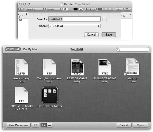 Top: iCloud-aware programs like TextEdit propose saving new documents online.Bottom: When you click the iCloud button in the top-left corner of the Open box, you see all the documents you’ve saved online, from newest to oldest. You can switch between list and icon views (lower left). You can create folders by dragging one icon onto another. You can even send these documents to others, using the button.