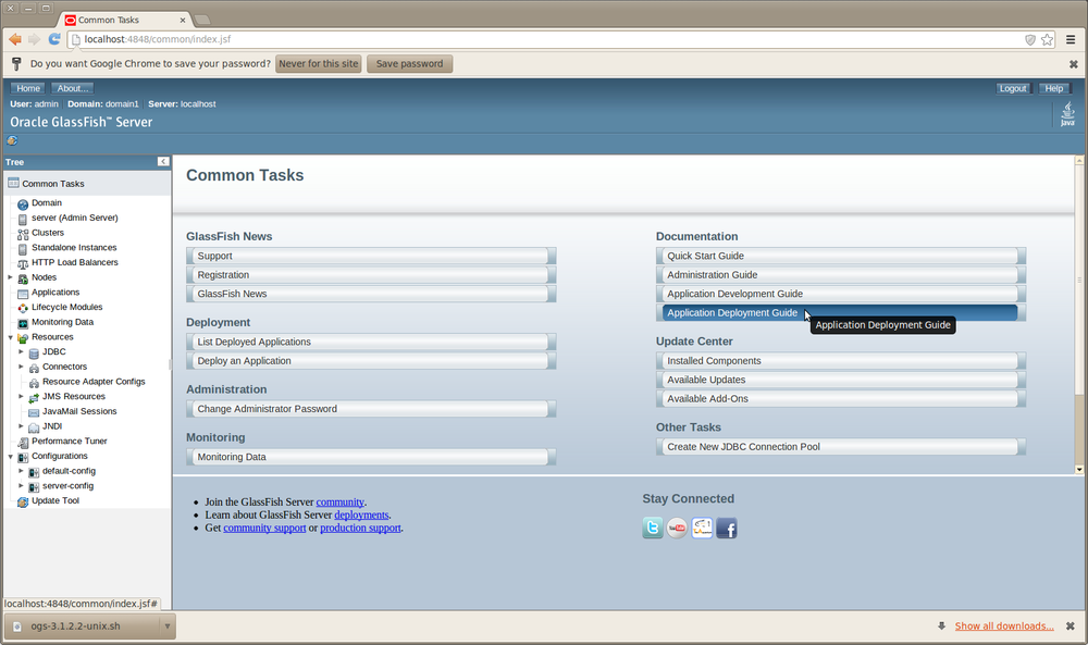 The GlassFish web console home page
