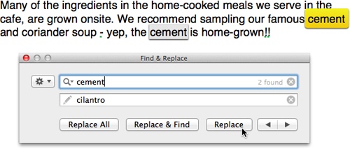 If you’re certain about the terms you’ve set up for your Find & Replace, click Replace All and Pages makes the change everywhere in your document and tells you how many occurrences it found. Click Replace to replace only the currently highlighted word, or click Replace & Find to replace the current word and move on to the next occurrence so you can evaluate it.