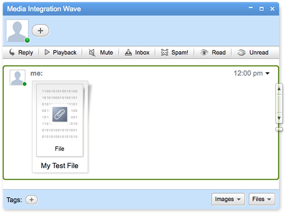 Attachments added to a wave appear at the blip level. Remember that as a dynamic document, waves serve as a centralized repository for information, including file attachments.