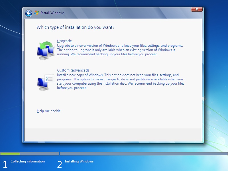 Windows 7 setup gives you these two options when upgrading from Vista, but be warned: the Upgrade option is for suckers