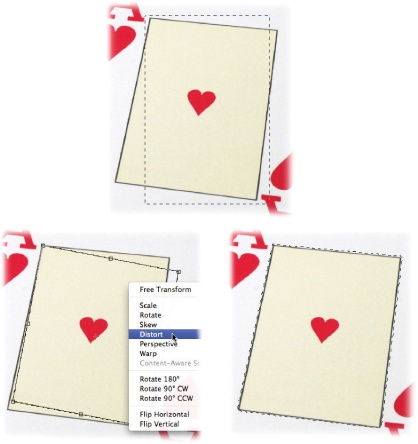 Top: You can easily select the center part of this playing card with the Rectangular Marquee tool (page 139). Once you see marching ants, choose Select→Transform Selection and rotate the resulting bounding box to get the angle you need.Bottom Left: Next, Ctrl-click (right-click on a PC) inside the bounding box and choose Distort from the shortcut menu, as shown here. Then drag each corner handle so it meets up with a corner of the yellow box on the card.Bottom Right: When you’re all finished, press Return (Enter on a PC) to accept the transformation.