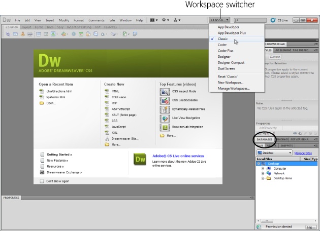 The Dreamweaver Welcome screen pictured in the middle of this figure lists recently opened files in the left column. Clicking one of the file names opens that file for editing. The middle column provides a quick way to create a new web page or define a new site. In addition, you can access introductory videos and other getting-started materials from this screen (right-hand panel). You see the Welcome screen only when you have no other web files open.