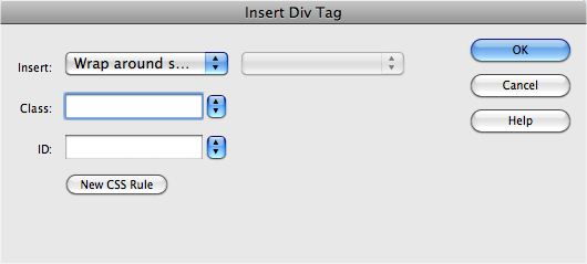 The Insert Div Tag window provides an easy way to divide sections of a web page into groups of related HTML—like the elements that make up a banner, for example. You’ll learn about all the different functions of this window on page 333.