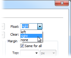 You have just three options when you want to float an element: left, right, and none. You might never need the “none” option—it simply positions an element like a normal, unfloated element. Since this is the regular behavior of any element, you’d need this option only if you wanted to turn off a float applied by another style (see page 312 for more on how multiple styles can affect the same element).