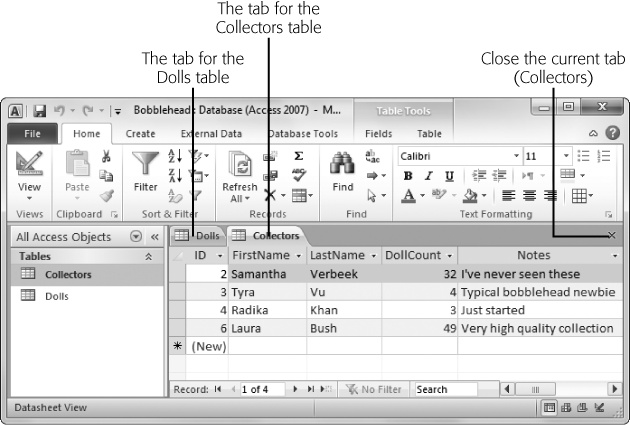 Using the navigation pane, you can open as many tables at once as you want. Access gives each datasheet a separate tabbed window. To move from one window to another, you just click the corresponding tab. If youâre feeling a bit crowded, just click the X at the far right of the tab strip to close the current datasheet.