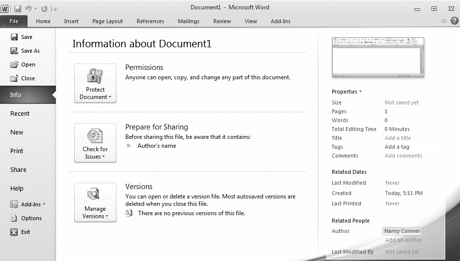 Clicking the File tab takes you Backstage to see information about your document. From the File menu, you can also work with the document in various ways and set options for Word.