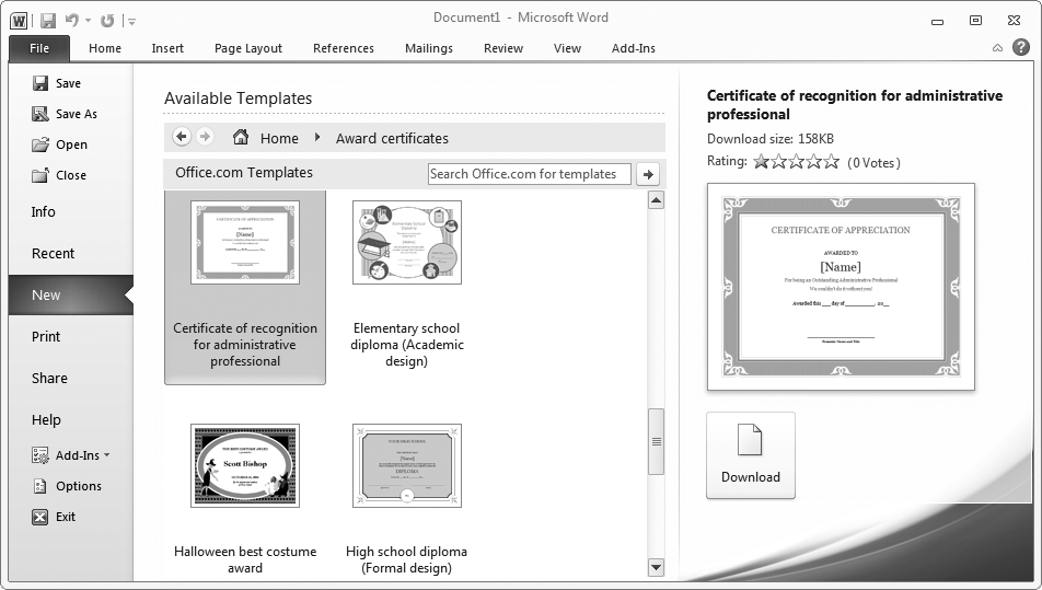 Templates give you preformatted documents for a wide variety of purposes, like the award certificates shown here. Click any template to see a preview of it in the right pane; if it looks good, click Download to create a new document based on that template.