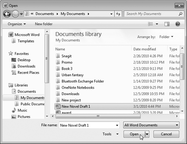 To open a document, navigate to the file you want and click the lower-right Open button.
