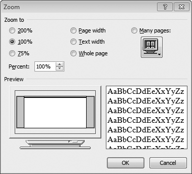 Use the Zoom dialog box to zoom in and out with precision, or to show multiple pages on the screen.