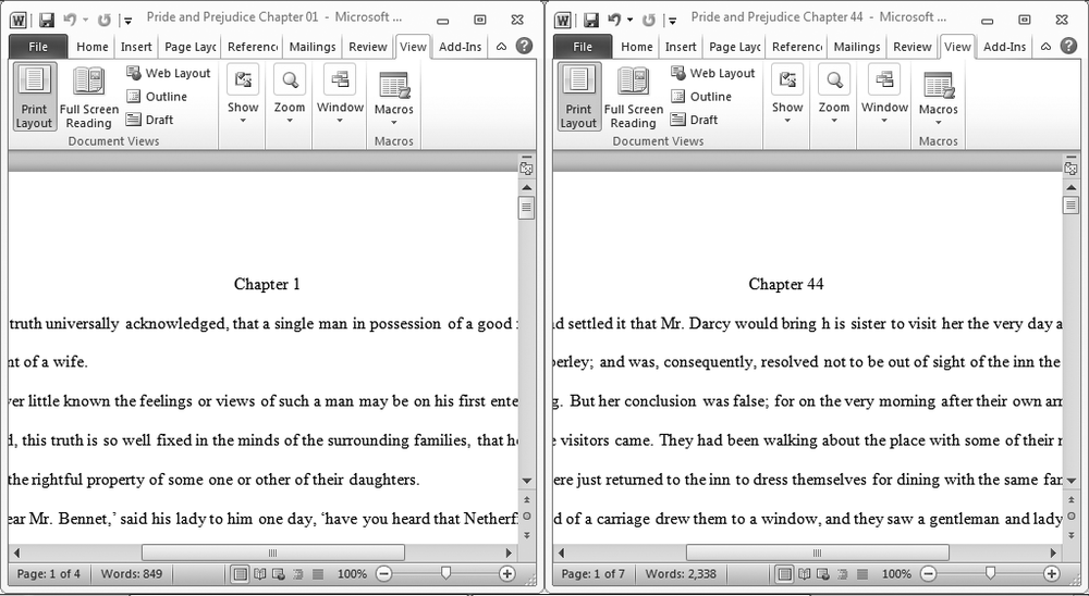 When you view two documents side by side, Word squeezes the ribbon so you can still see all its sections. Click the arrow in any section to see its buttons.