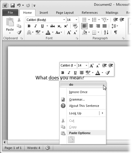 When Word’s grammar checker finds a potential mistake, right-click the flagged word or phrase to open a shortcut menu that helps you correct the problem. Click the suggested fix to insert it in your document. Click About This Sentence for an explanation of why Word flagged it.