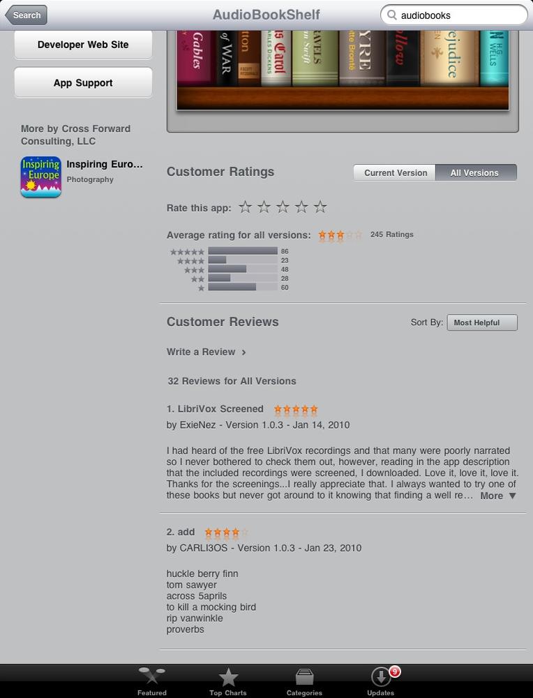 The Customer Ratings and Customer Reviews areas for an App Store listing on the iPad