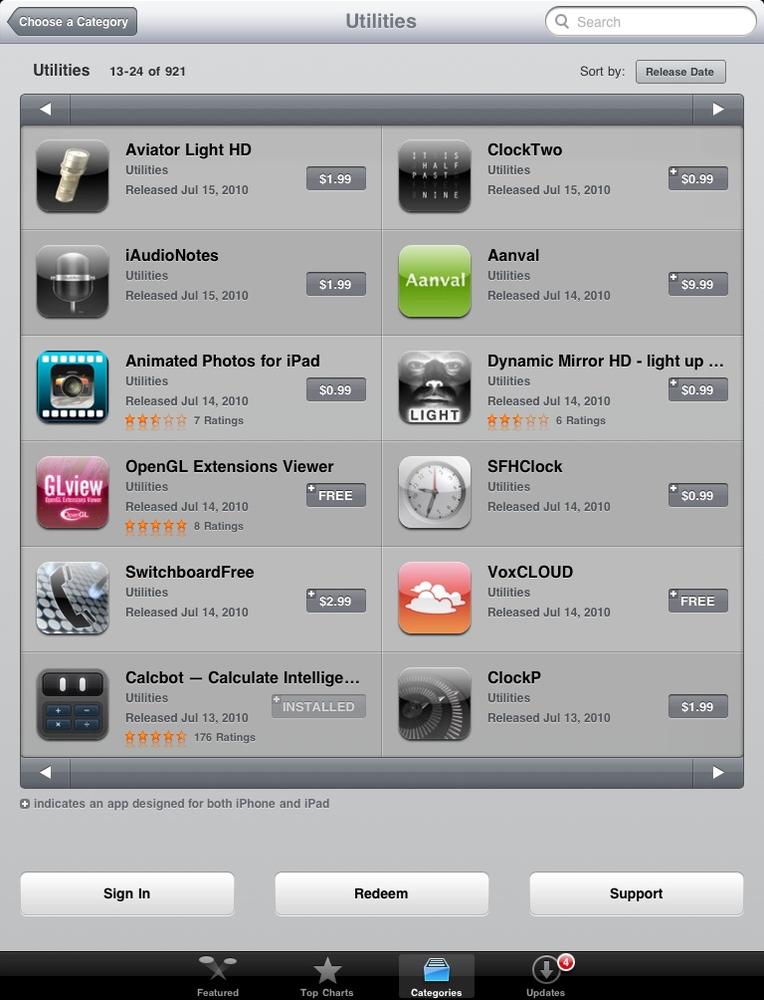 Sorting a category on the iPad by release date, which shows newcomer apps comparable to yours