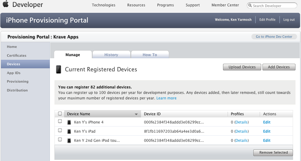 The Devices section in the iOS Provisioning Portal; notice the Profiles column shows 0