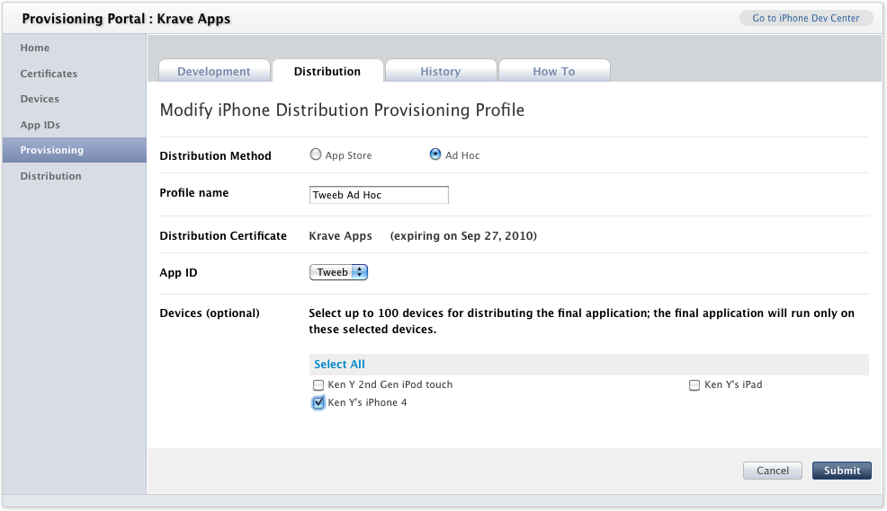 The Modify iPhone Distribution Provisioning Profile page