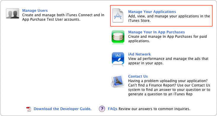 Clicking the Manage Your Applications link in iTunes Connect to begin the application submission process