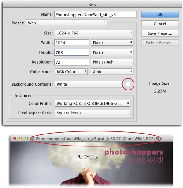 Top: The New dialog box is where life begins for any Photoshop file you make from scratch. The settings here let you pick, among other things, the document’s dimensions, resolution, and color mode, all of which affect the quality and size of the image. You’ll learn more about these options in the following pages.New in this version of Photoshop is the ability to pick a custom background color. To do so, click the swatch next to the Background Contents menu (circled) to summon the Color Picker.Bottom: Whatever you enter in the Name box appears in the document’s title bar (circled).