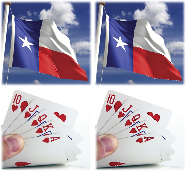 Top: Say you’re trying to select the red part of this Texas flag. After clicking once with the Magic Wand (with a Tolerance setting of 32), you still need to select a bit more of the red (left). Since the red pixels are all touching one another, you can run the Grow command a couple of times to make Photoshop expand your selection to include all the red (right).Bottom: If you want to select the red in these playing cards, the Grow command won’t help because the red pixels aren’t touching each other. In that case, click once with the Magic Wand to select one of the red areas (left) and then use the Similar command to grab the rest of them (right). Read ’em and weep, boys!