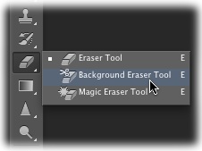 You may never see these tools because they’re hidden inside the same toolset as the regular Eraser tool. Just click and hold the Eraser tool’s icon until this little menu appears. Pick an eraser based on how you want to use it: You drag with the Background Eraser (as if you were painting, which is great for getting around the edges of an object), whereas you simply click with the Magic Eraser.