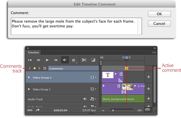 Once you add a comment, it appears as a tiny yellow square in the Comments track beneath the time ruler. If you double-click it, Photoshop opens the Edit Timeline Comment dialog box. When you’re finished editing or reading your comment, click OK to close the dialog box.