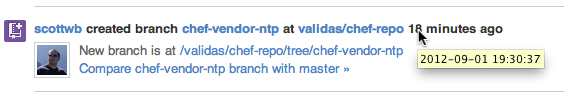 Github uses a tooltip to show the absolute timestamp. (Courtesy Scott W. Bradley and Little Big Details.)