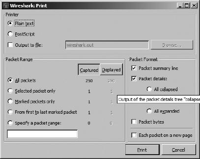 The Print dialog allows you to print the packets you specify.