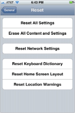 The Reset screen displays a button for resetting your Home screen layout.
