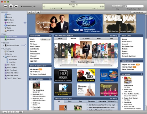 The iTunes Store displays categories of products along with ads for the latest songs or videos.