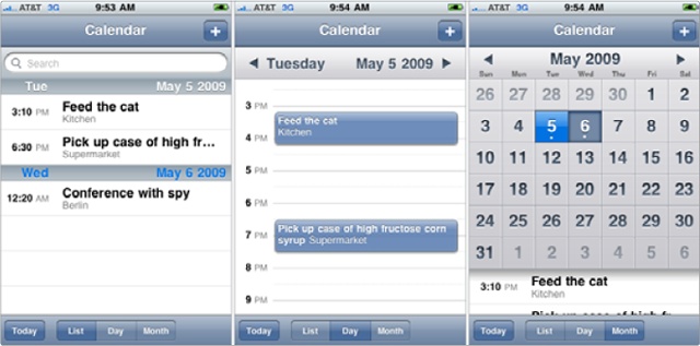 You can view calendars in three ways: list view, day view, and month view.