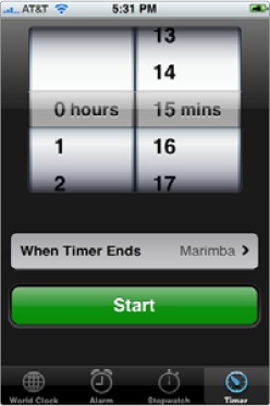 The Timer screen lets you scroll wheels to set the timer.
