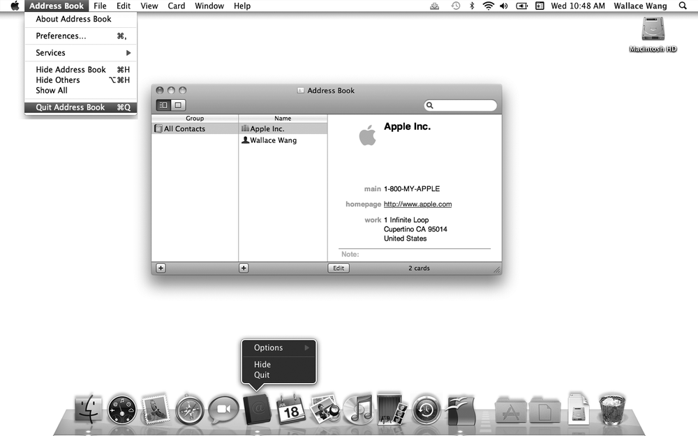 The Quit command appears in the program menu on the Apple menu bar and in the pop-up menu on the Dock.