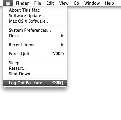 The Log Out command appears on the Apple menu and displays the name of the currently active account.