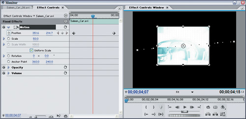 When a clip is selected from the timeline, the Effect Controls window provides its effect settings for adjustment. The Program Monitor displays a keyframed motion path that was assigned in the Effect Controls window.